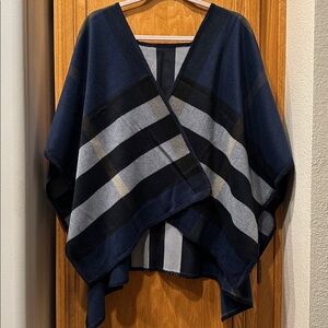 Double Faced Navy Gray Stripe & Plaid Cashmere/Wool Feel Poncho Cape Wrap OS